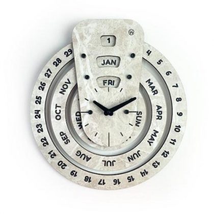 GG 017 Wooden Circular Perpetual Calendar with Clock (Large, White Stone Finish)
