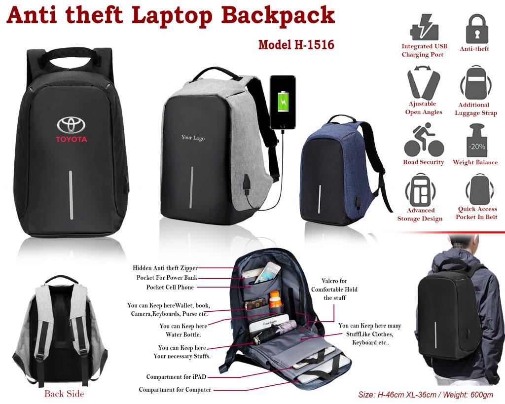 H-1516 Anti Theft Laptop Backpack - Adminneeds