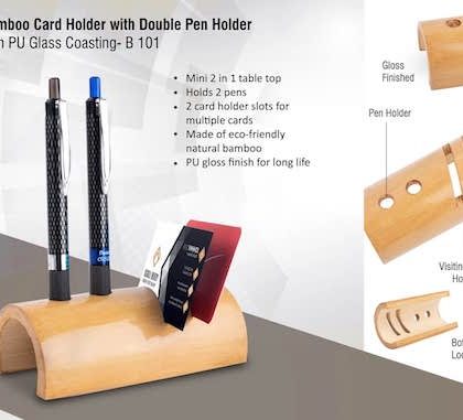 PP B101 Bamboo Card Holder With Double Pen Holder (With PU Gloss Coating)