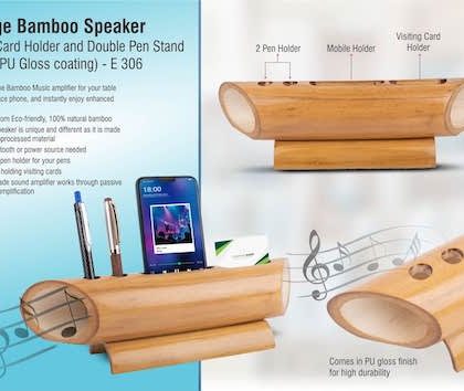 PP E306 – Large Bamboo Speaker With Card Holder And Double Pen Stand (With PU Gloss Coating)