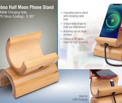 PP E307 – Bamboo Half Moon Phone Stand With Mobile Charging Hole, (With PU Gloss Coating)