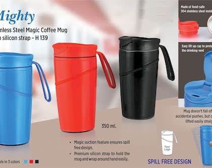 PP H139 – Mighty Stainless Steel Magic Coffee Mug With Silicon Strap (350 Ml) (Spill Free Design)