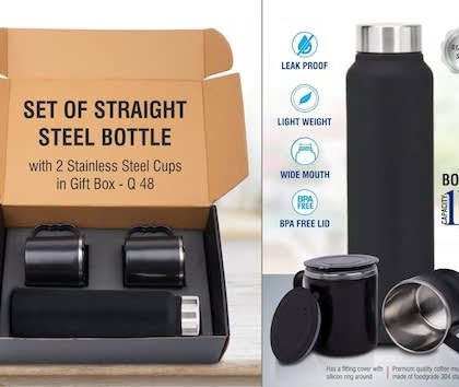 PP Q48 – Set Of Black Stainless Steel Bottle With 2 Stainless Steel Cups In Gift Box | Bottle Capacity 1L Approx